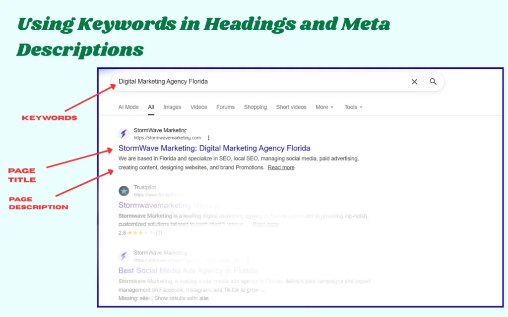This picture shows about Using SEO Keywords in Headings and Meta Descriptions